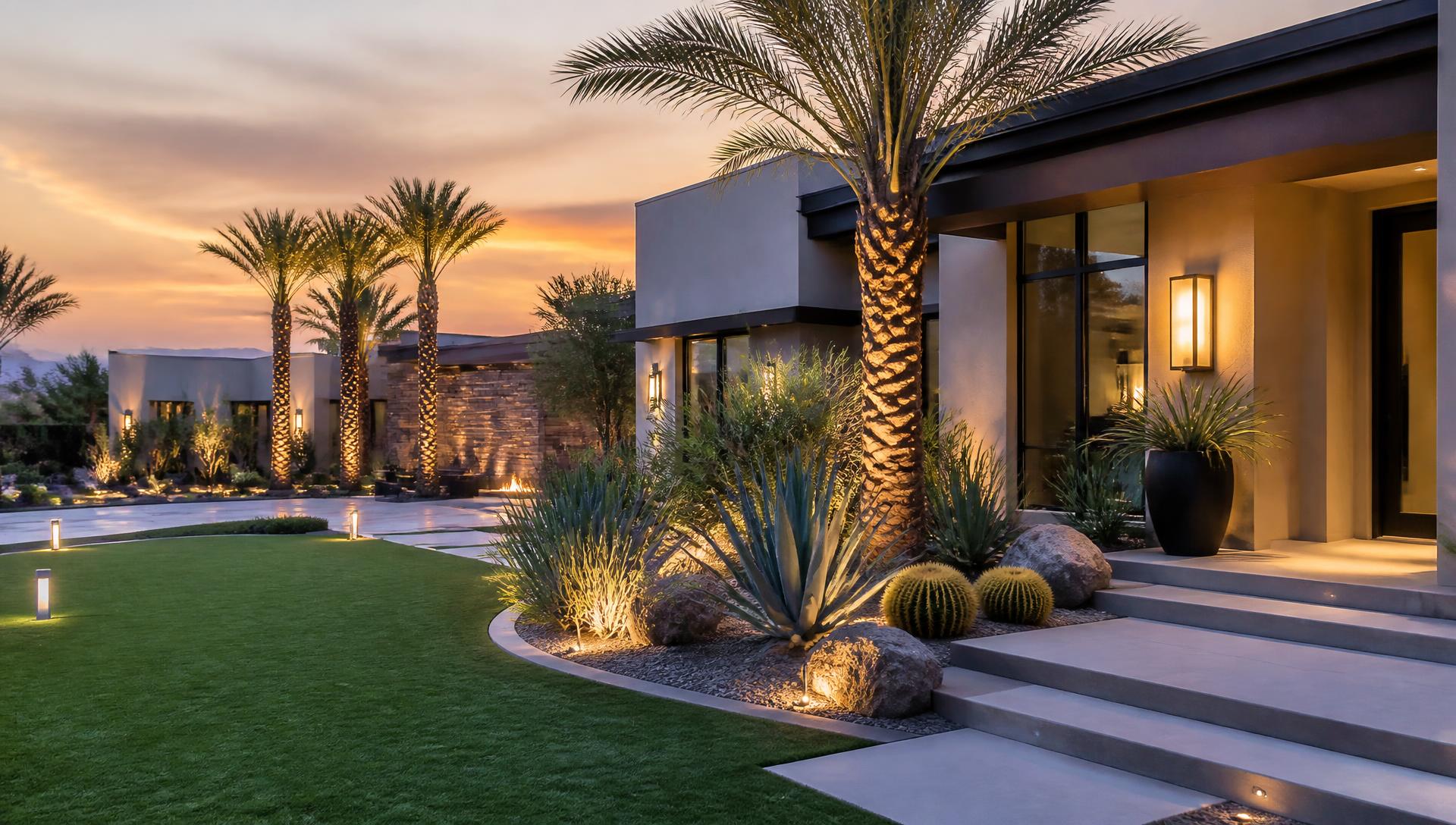Luxury desert landscaping with artificial turf, palms and warm lighting at a Las Vegas home